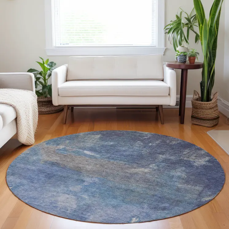 8' Blue And Denim Blue Round Abstract Washable Indoor Outdoor Area Rug