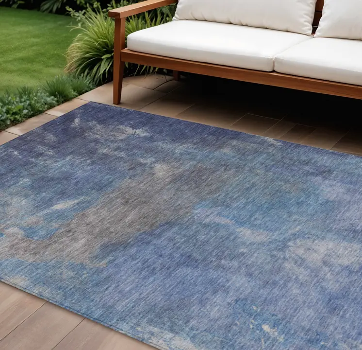 8' X 10' Blue And Denim Blue Abstract Washable Indoor Outdoor Area Rug