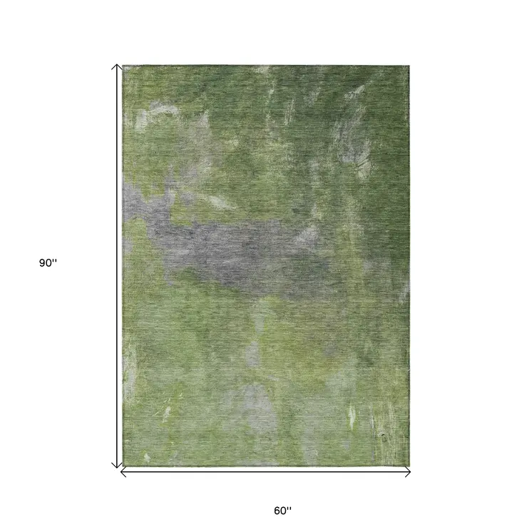 5' X 8' Green And Olive Green Abstract Washable Indoor Outdoor Area Rug