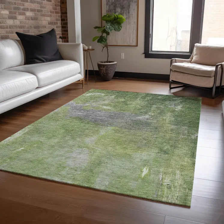 5' X 8' Green And Olive Green Abstract Washable Indoor Outdoor Area Rug