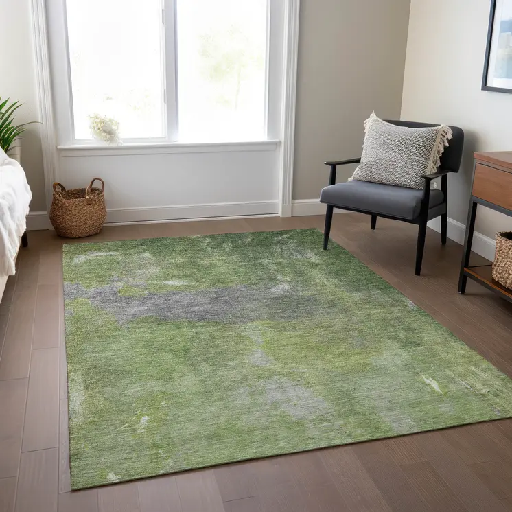 5' X 8' Green And Olive Green Abstract Washable Indoor Outdoor Area Rug
