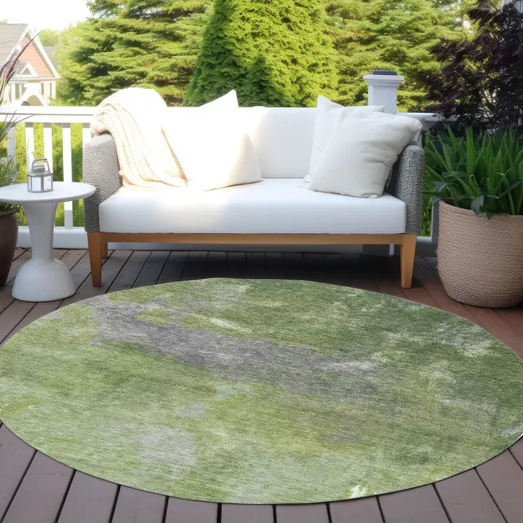 8' Green And Olive Green Round Abstract Washable Indoor Outdoor Area Rug