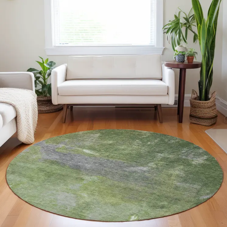 8' Green And Olive Green Round Abstract Washable Indoor Outdoor Area Rug