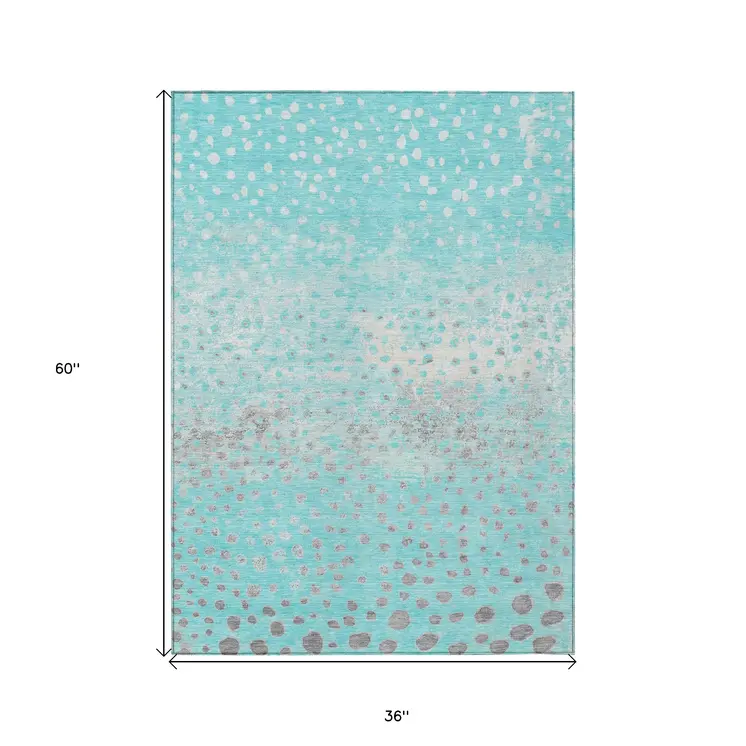 3' X 5' Aqua And Teal Blue Abstract Washable Indoor Outdoor Area Rug