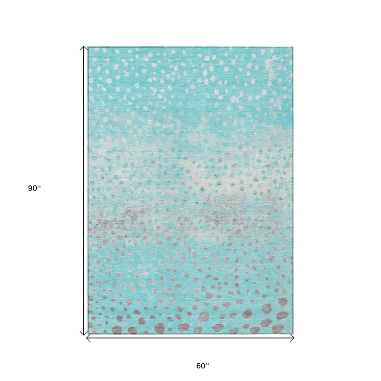 5' X 8' Aqua And Teal Blue Abstract Washable Indoor Outdoor Area Rug