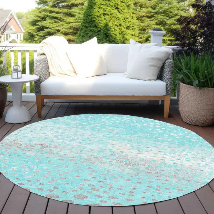 8' Aqua And Teal Blue Round Abstract Washable Indoor Outdoor Area Rug