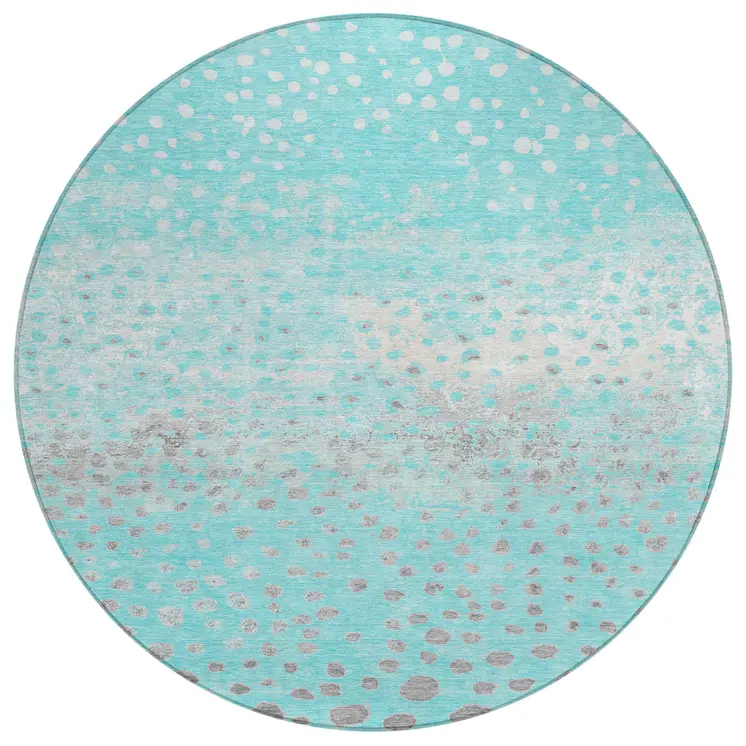 8' Aqua And Teal Blue Round Abstract Washable Indoor Outdoor Area Rug