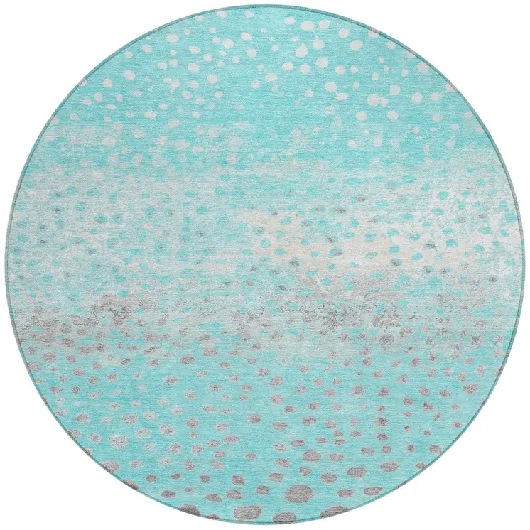 8' Aqua And Teal Blue Round Abstract Washable Indoor Outdoor Area Rug