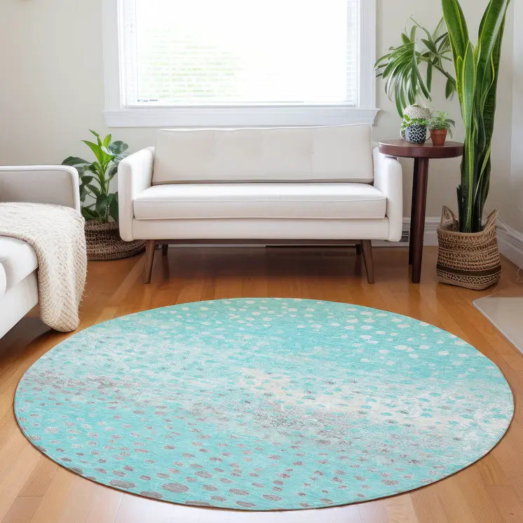 8' Aqua And Teal Blue Round Abstract Washable Indoor Outdoor Area Rug