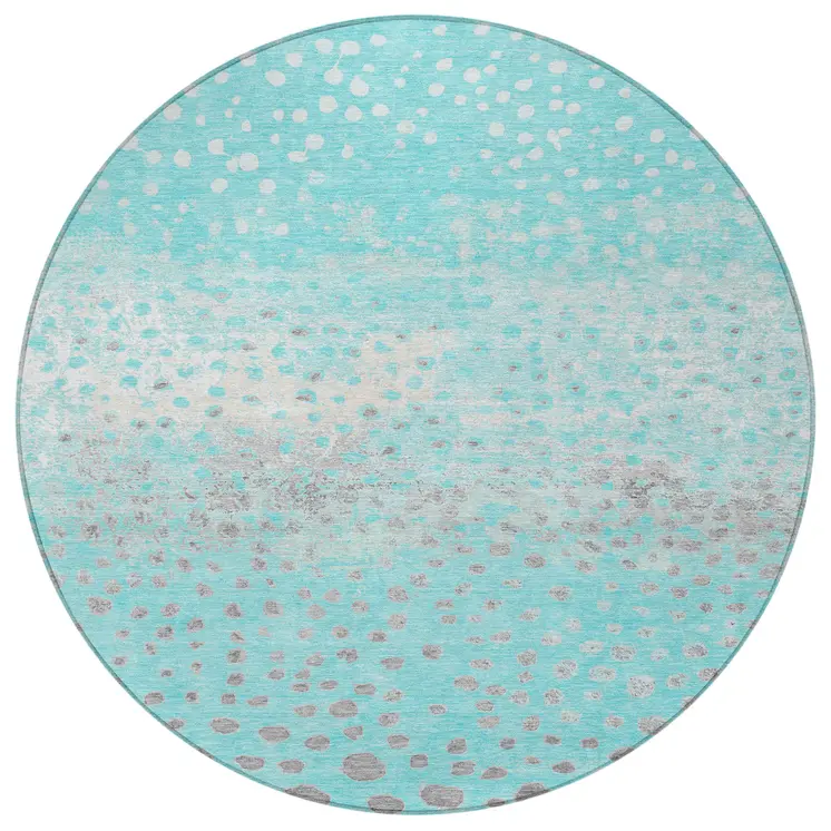 8' Aqua And Teal Blue Round Abstract Washable Indoor Outdoor Area Rug