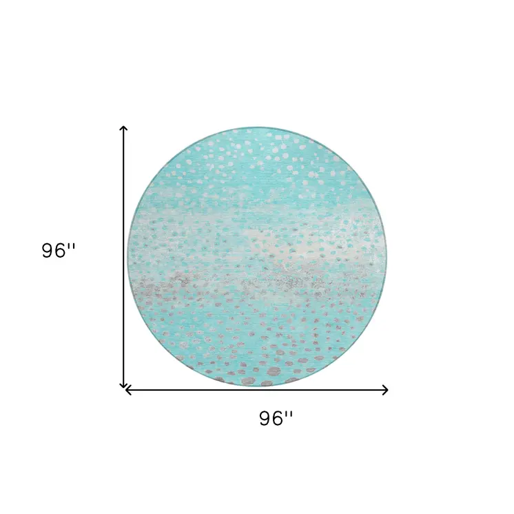 8' Aqua And Teal Blue Round Abstract Washable Indoor Outdoor Area Rug