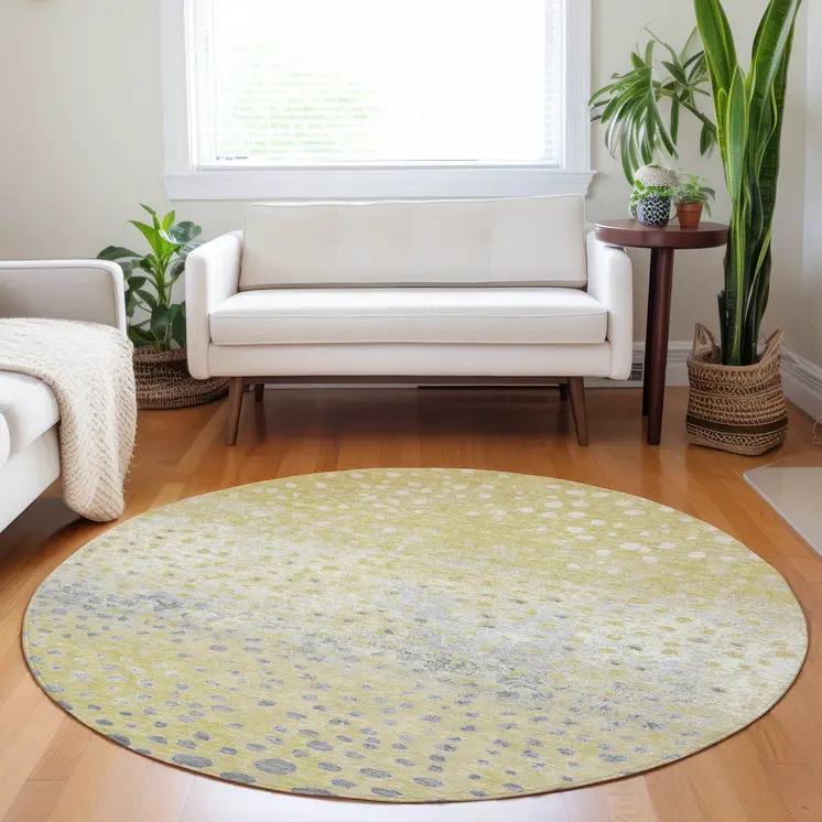 8' Gold And Wheat Round Abstract Washable Indoor Outdoor Area Rug