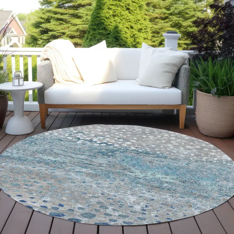 8' Gray And Silver Round Abstract Washable Indoor Outdoor Area Rug