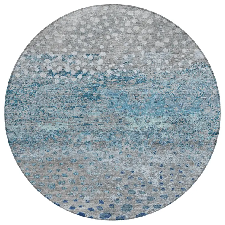8' Gray And Silver Round Abstract Washable Indoor Outdoor Area Rug