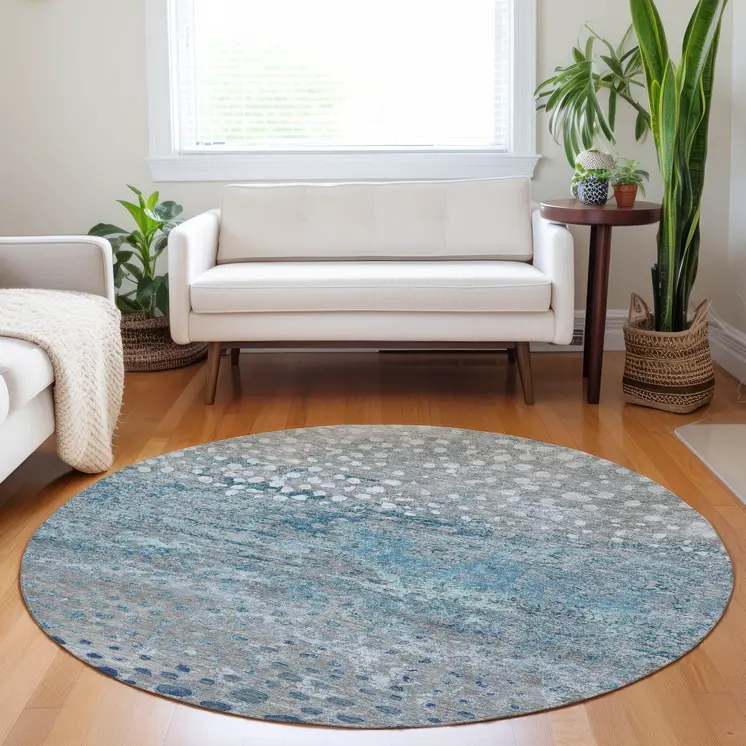 8' Gray And Silver Round Abstract Washable Indoor Outdoor Area Rug
