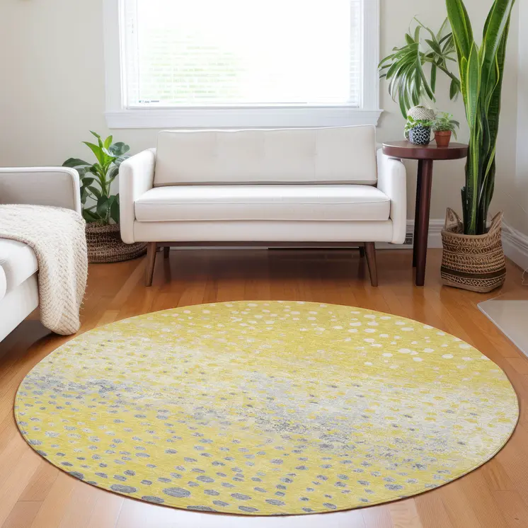 8' Yellow And Gold Round Abstract Washable Indoor Outdoor Area Rug