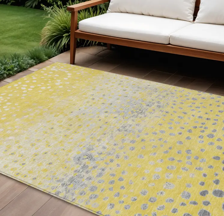 9' X 12' Yellow And Gold Abstract Washable Indoor Outdoor Area Rug