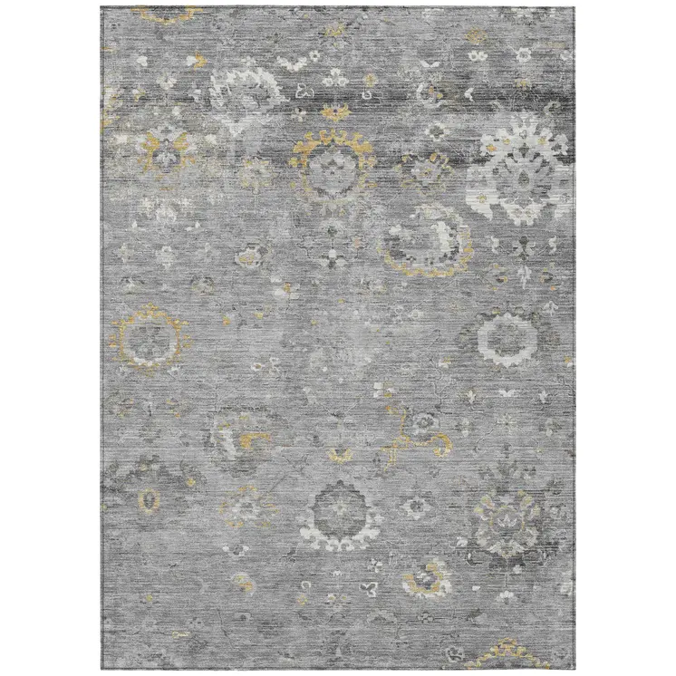 3' X 5' Gray And Silver Floral Washable Indoor Outdoor Area Rug