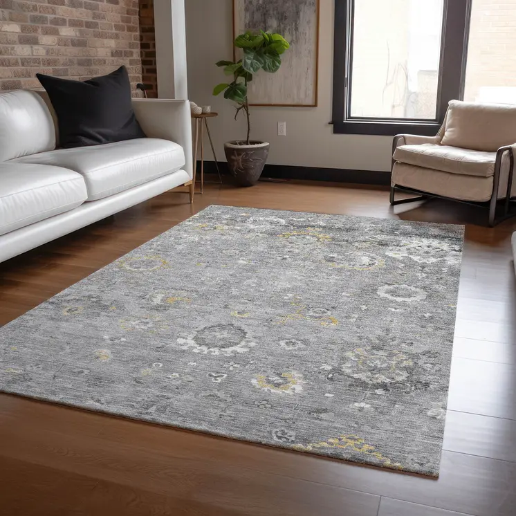 3' X 5' Gray And Silver Floral Washable Indoor Outdoor Area Rug