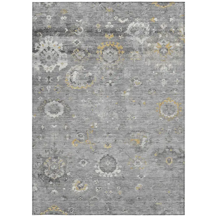 5' X 8' Gray And Silver Floral Washable Indoor Outdoor Area Rug