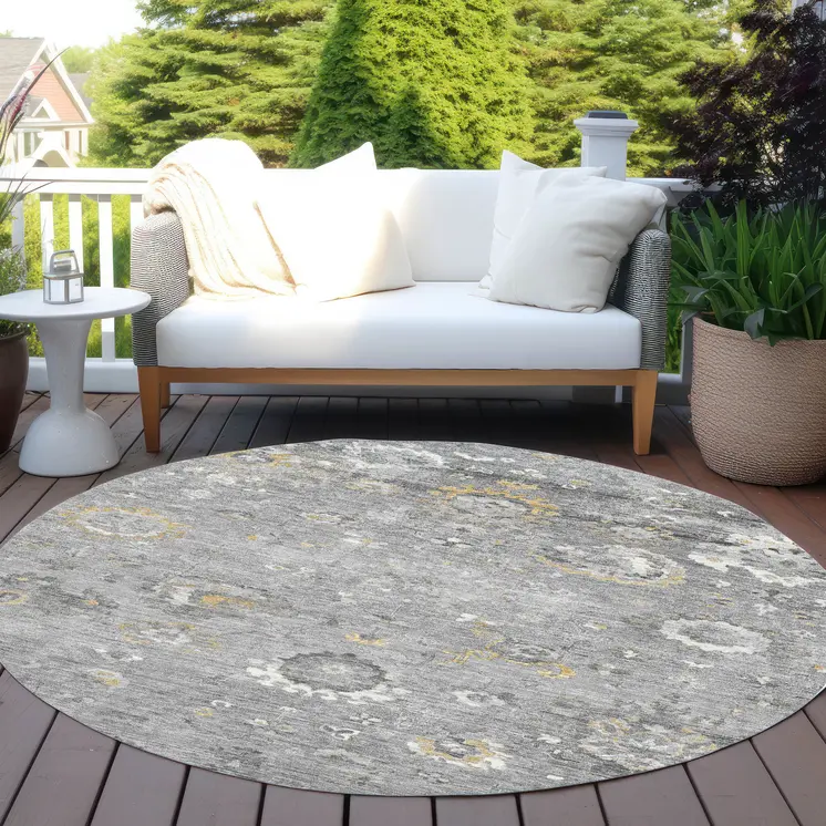 8' Gray And Silver Round Floral Washable Indoor Outdoor Area Rug