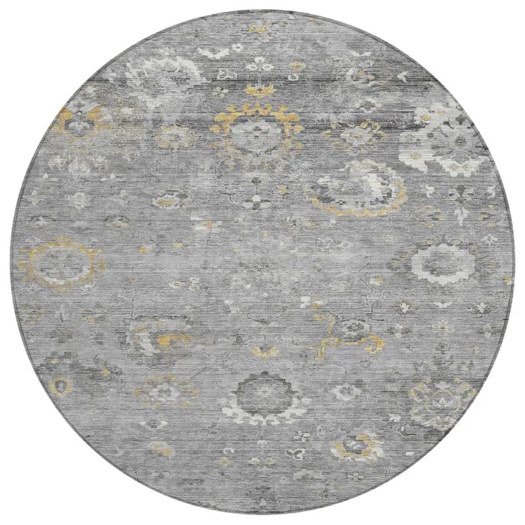 8' Gray And Silver Round Floral Washable Indoor Outdoor Area Rug