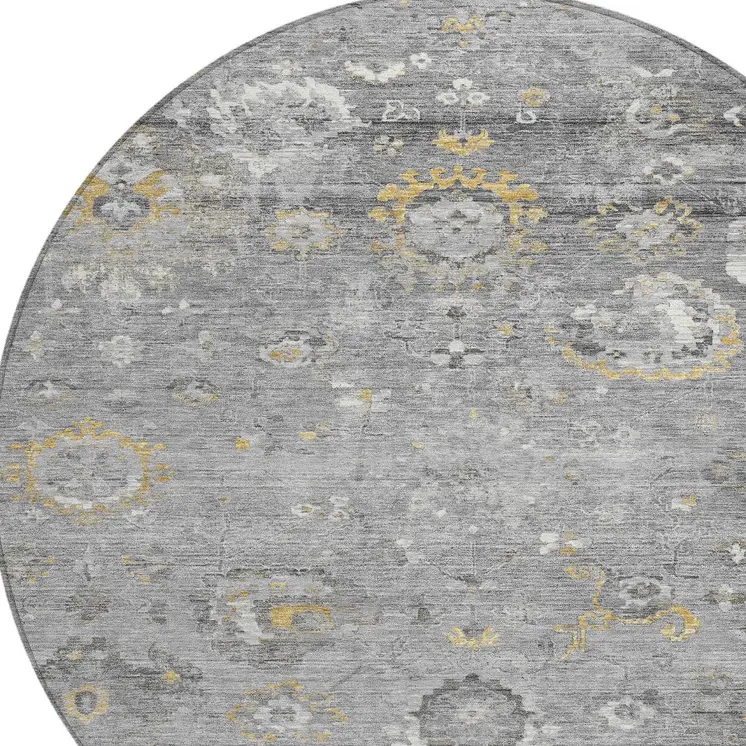 8' Gray And Silver Round Floral Washable Indoor Outdoor Area Rug