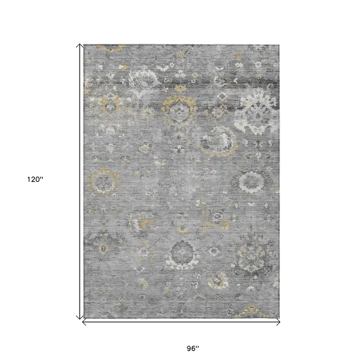 8' X 10' Gray And Silver Floral Washable Indoor Outdoor Area Rug