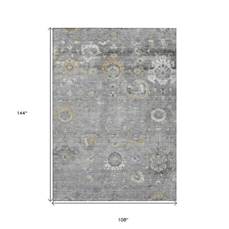 9' X 12' Gray And Silver Floral Washable Indoor Outdoor Area Rug