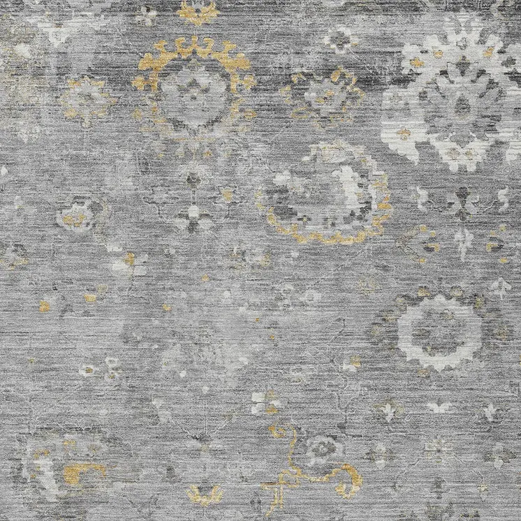 9' X 12' Gray And Silver Floral Washable Indoor Outdoor Area Rug