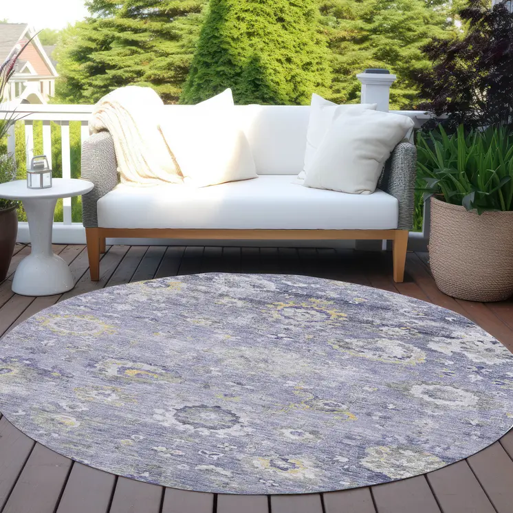 8' Lavender And Purple Round Floral Washable Indoor Outdoor Area Rug