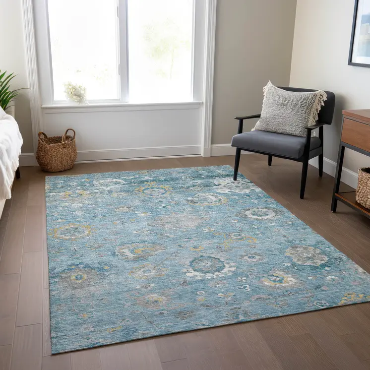 5' X 8' Teal Blue And Aqua Floral Washable Indoor Outdoor Area Rug
