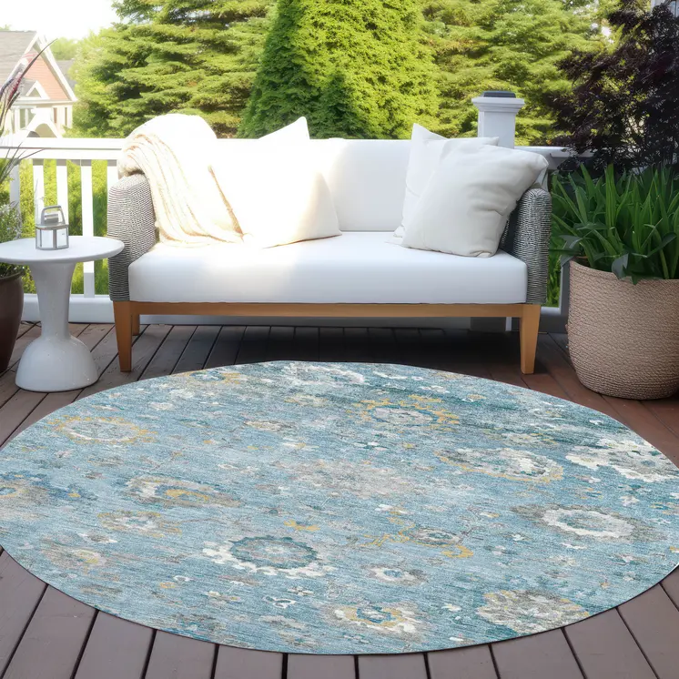 8' Teal Blue And Aqua Round Floral Washable Indoor Outdoor Area Rug