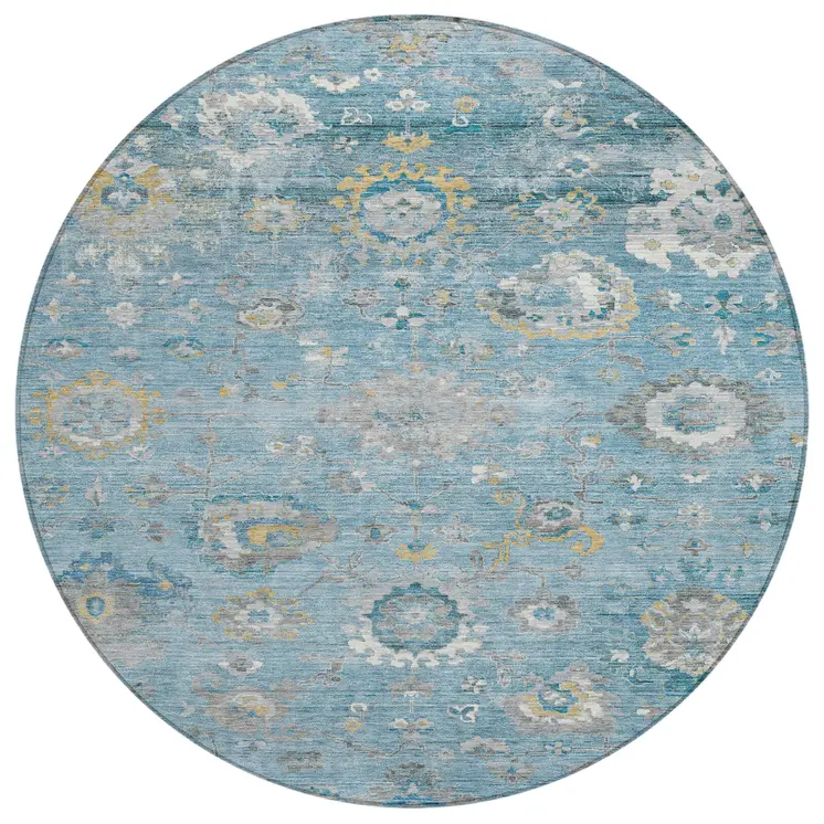8' Teal Blue And Aqua Round Floral Washable Indoor Outdoor Area Rug