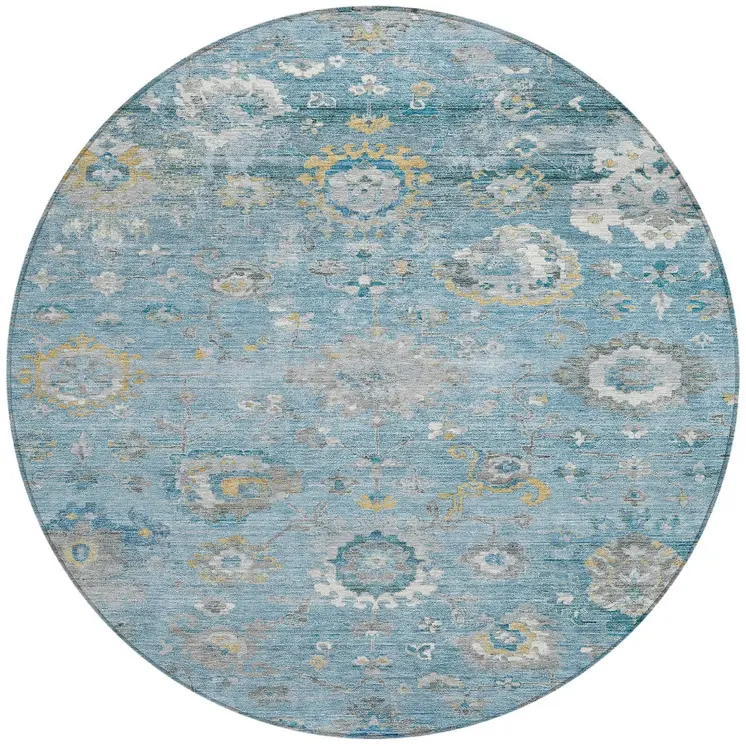 8' Teal Blue And Aqua Round Floral Washable Indoor Outdoor Area Rug