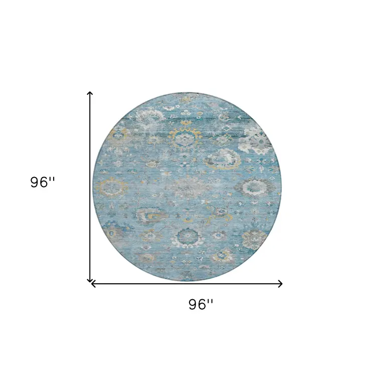 8' Teal Blue And Aqua Round Floral Washable Indoor Outdoor Area Rug