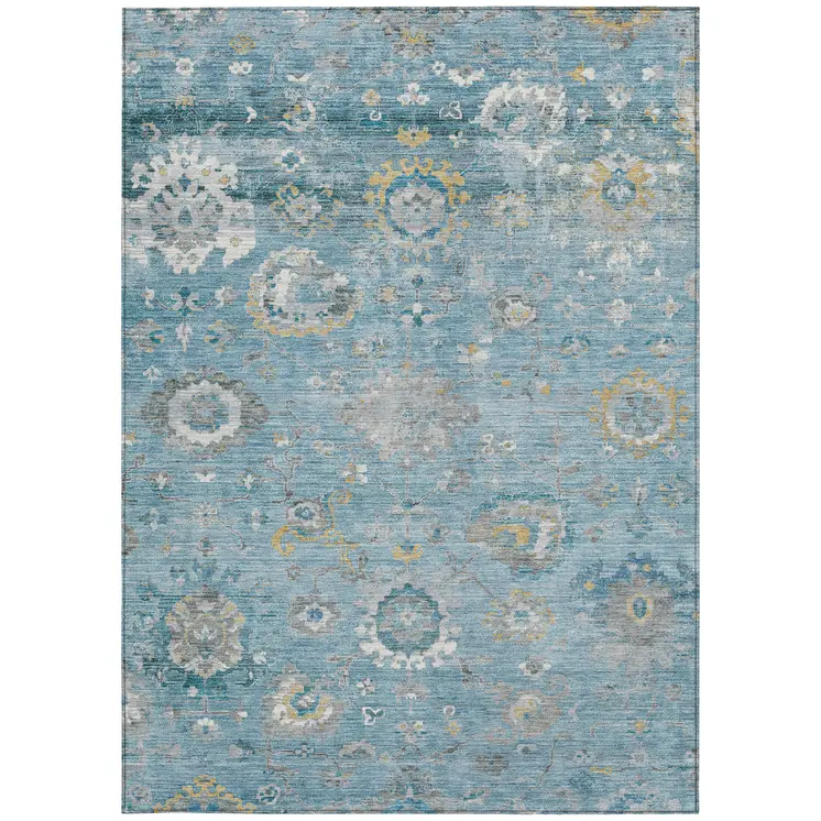 9' X 12' Teal Blue And Aqua Floral Washable Indoor Outdoor Area Rug