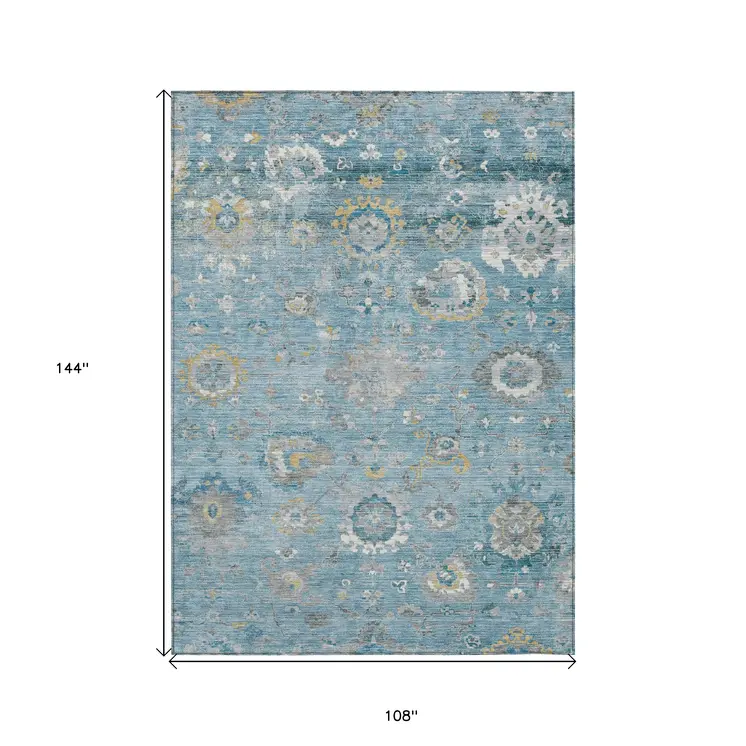 9' X 12' Teal Blue And Aqua Floral Washable Indoor Outdoor Area Rug