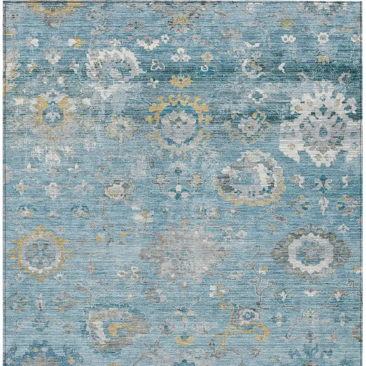 9' X 12' Teal Blue And Aqua Floral Washable Indoor Outdoor Area Rug