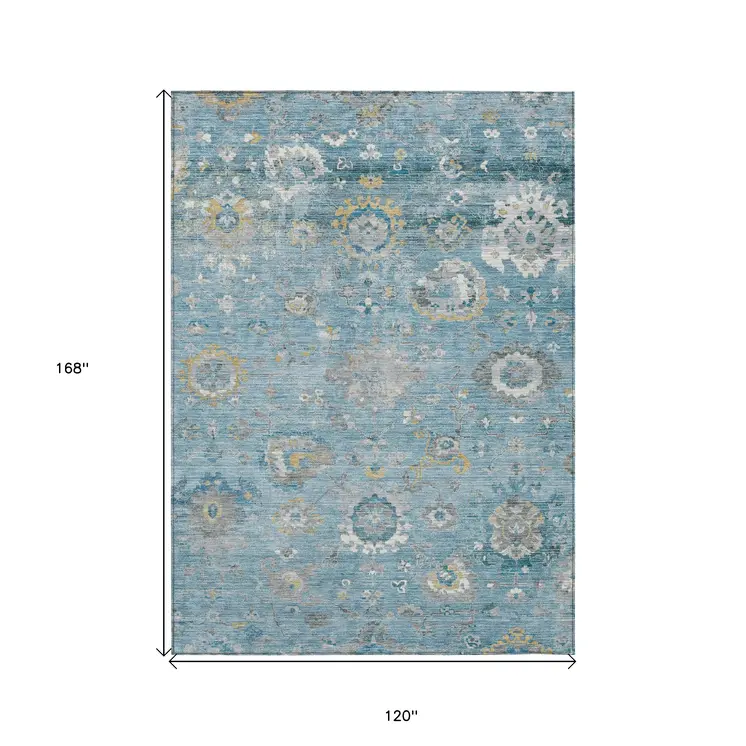 10' X 14' Teal Blue And Aqua Floral Washable Indoor Outdoor Area Rug