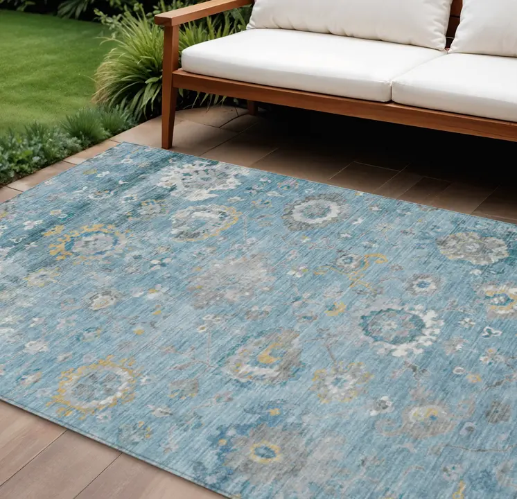 10' X 14' Teal Blue And Aqua Floral Washable Indoor Outdoor Area Rug