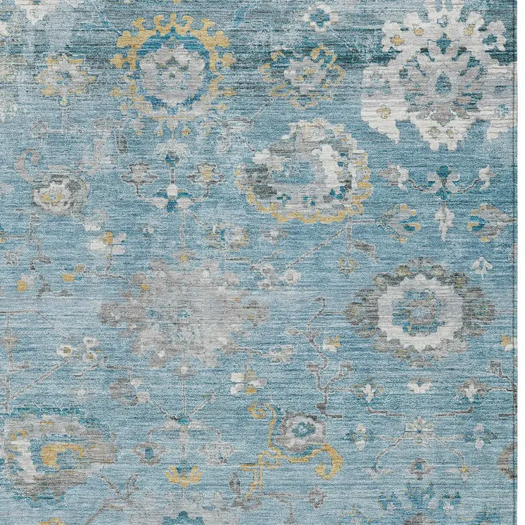 10' X 14' Teal Blue And Aqua Floral Washable Indoor Outdoor Area Rug