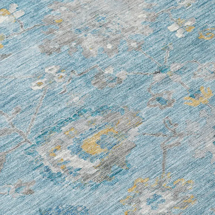 10' X 14' Teal Blue And Aqua Floral Washable Indoor Outdoor Area Rug