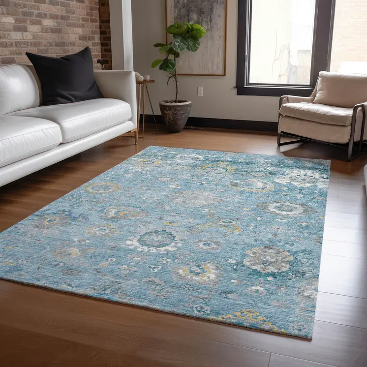 10' X 14' Teal Blue And Aqua Floral Washable Indoor Outdoor Area Rug