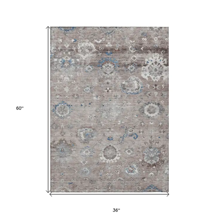 3' X 5' Taupe And Brown Floral Washable Indoor Outdoor Area Rug
