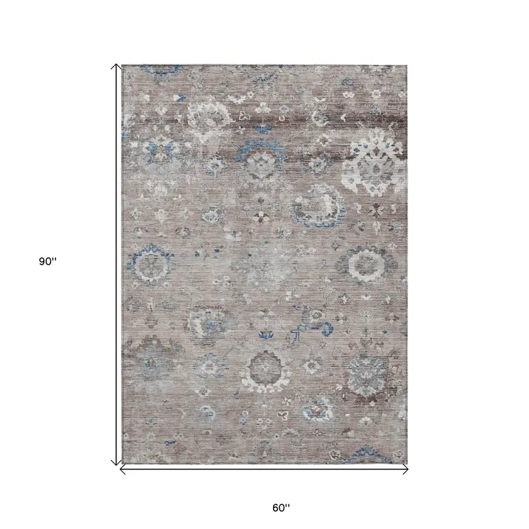 5' X 8' Taupe And Brown Floral Washable Indoor Outdoor Area Rug