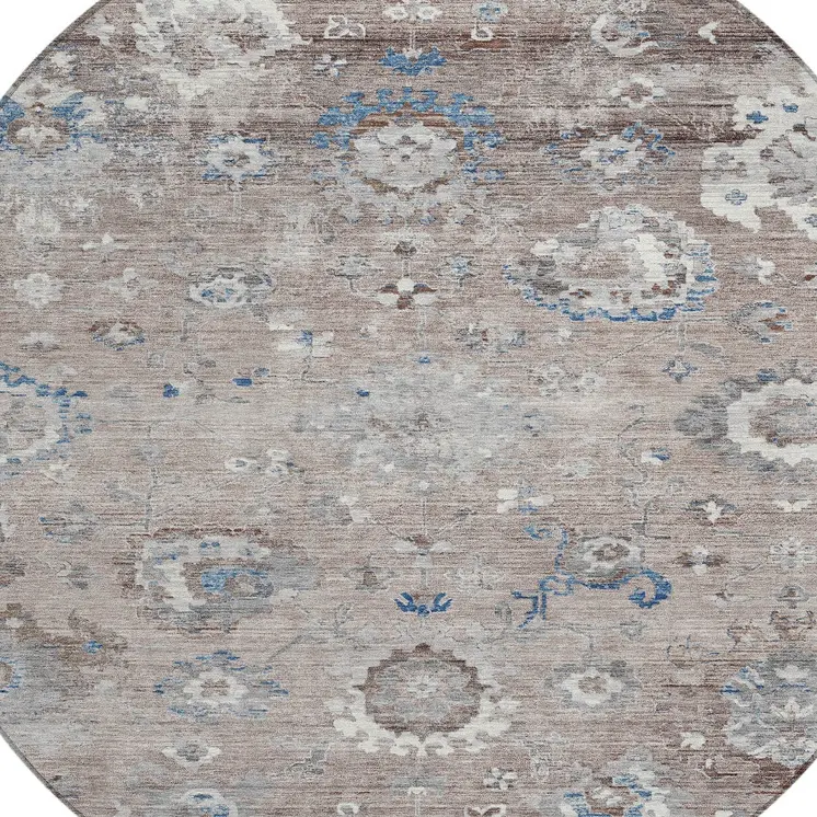 8' Taupe And Brown Round Floral Washable Indoor Outdoor Area Rug