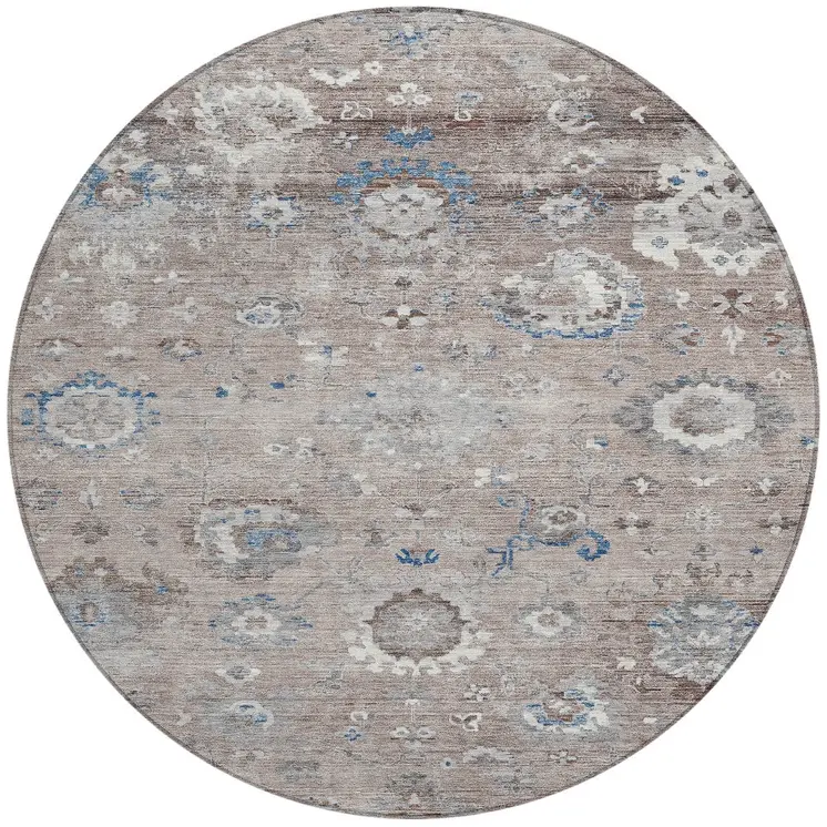 8' Taupe And Brown Round Floral Washable Indoor Outdoor Area Rug