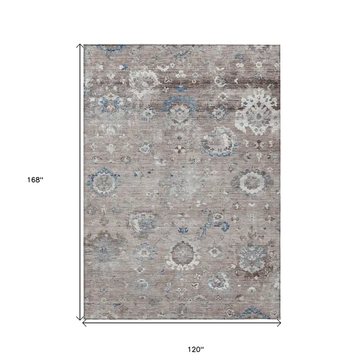 10' X 14' Taupe And Brown Floral Washable Indoor Outdoor Area Rug