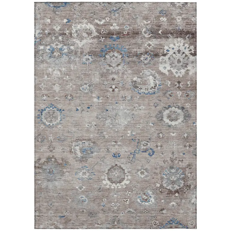 10' X 14' Taupe And Brown Floral Washable Indoor Outdoor Area Rug